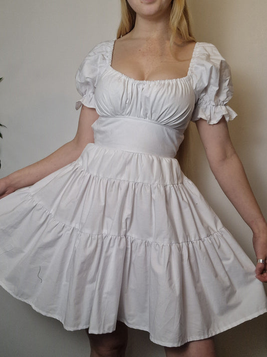 Ready to ship white mini milkmaid dress (UK 6/8, possibly a small 10)